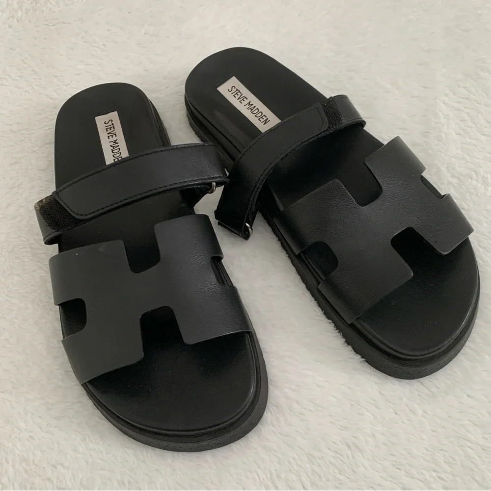 Women’s 8 STEVE MADDEN Mayven Black Leather H Flatform Luxe Slide Sandals - Picture 2 of 5